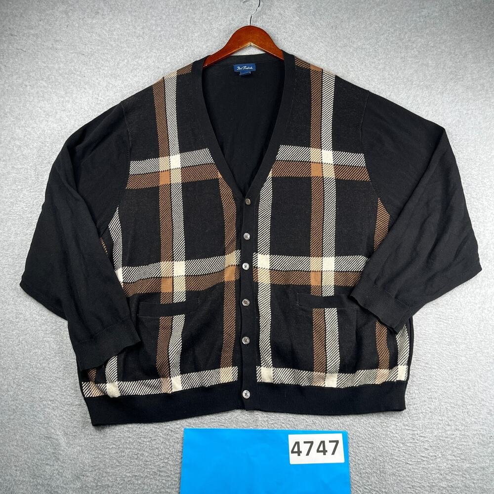 Paul Fredrick Cardigan Sweater Black Beige Check mens 4XL Casual Classic